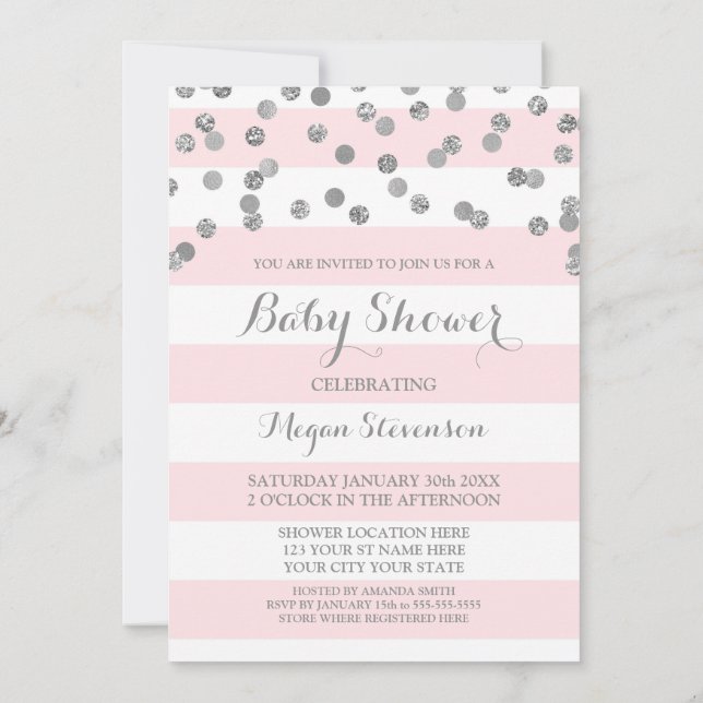 Invitation de Baby shower Confetti à rayures roses (Dos)