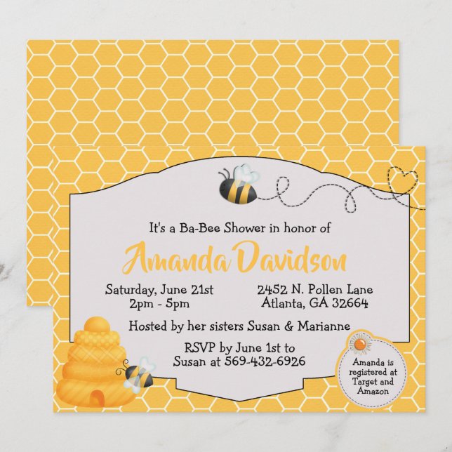 Invitation de baby shower d'abeille (Devant / Derrière)