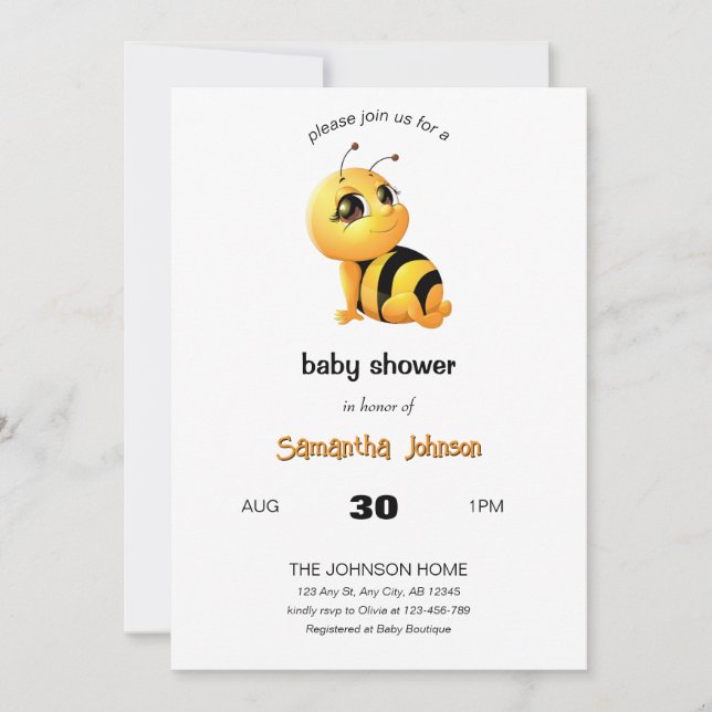 Invitation de Baby shower d'abeilles souriantes (Devant)
