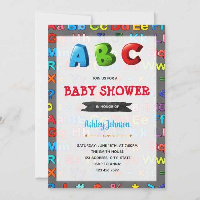 Invitation de baby shower d'alphabets (Devant)