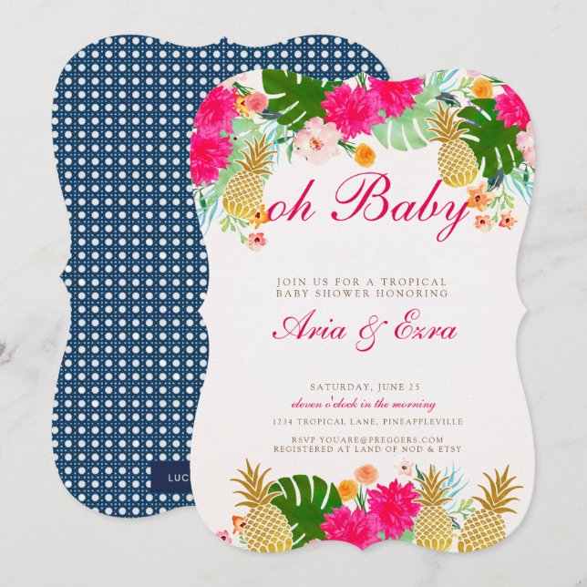 Invitation de Baby shower d'ananas rose vif (Devant / Derrière)