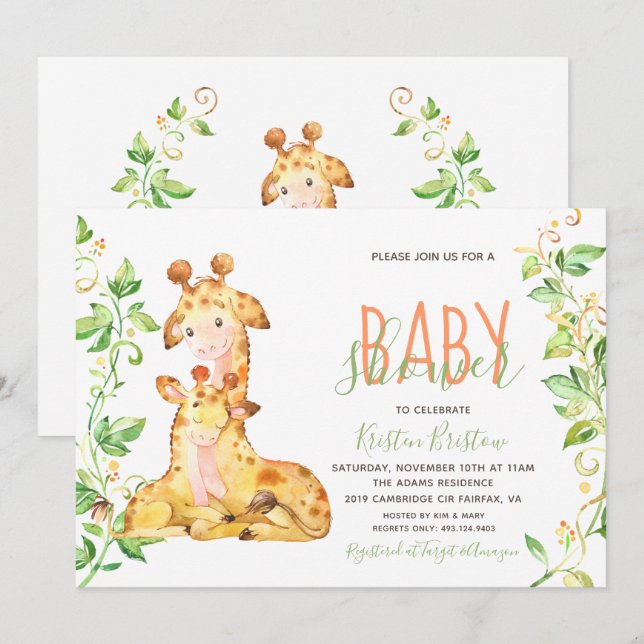 Invitation de baby shower d'animaux de girafe (Devant / Derrière)