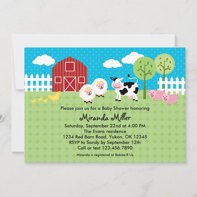 Invitation de baby shower d'animaux de grange (Devant)