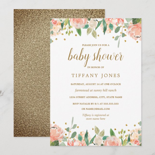 Invitation de Baby shower d'aquarelle Floral Peach (Devant / Derrière)