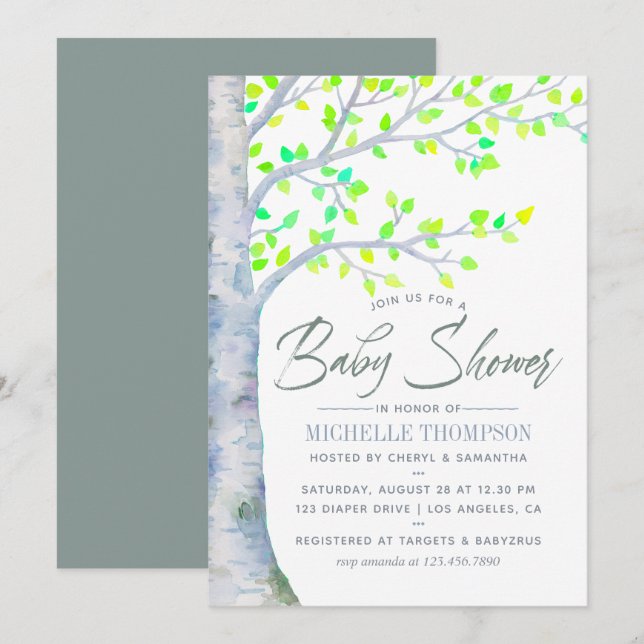 Invitation de Baby shower d'arbre de bouleau d'aqu (Devant / Derrière)