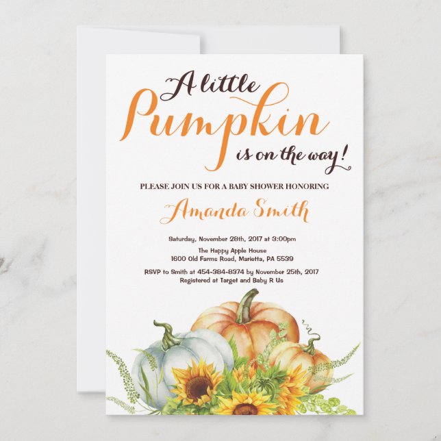 Invitation de baby shower d'automne de citrouille (Devant)