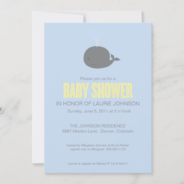 Invitation de baby shower de baleine (Devant)