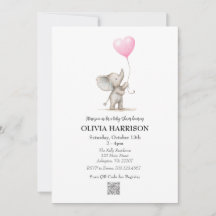 Invitation de Baby shower de ballon rose éléphant