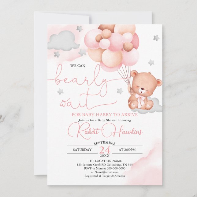 Invitation de Baby shower de ballon rose ours Tedd (Devant)