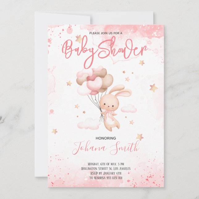 Invitation de Baby shower de ballons de lapin rose (Devant)