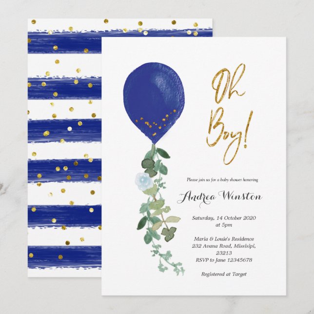Invitation de Baby shower de ballons Oh garçon (Devant / Derrière)