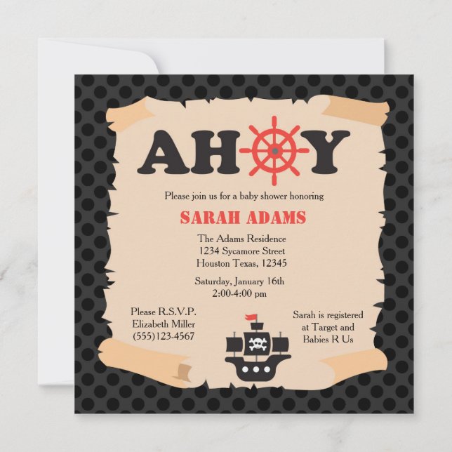Invitation de baby shower de bateau de pirate oh (Dos)