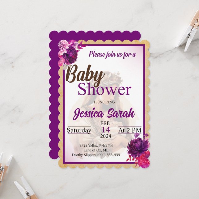 Invitation de Baby shower de Boho pourpre (Devant/Arrière en situation)