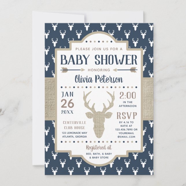 Invitation de Baby shower de bois, Marine, Burlap (Devant)