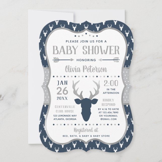Invitation de Baby shower de bois, Marine, Grey (Devant)