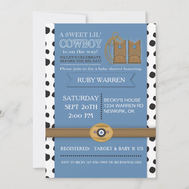 Invitation de baby shower de bottes de cowboy (Devant)