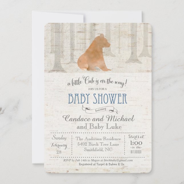 Invitation de baby shower de bouleau de CUB d'ours (Devant)