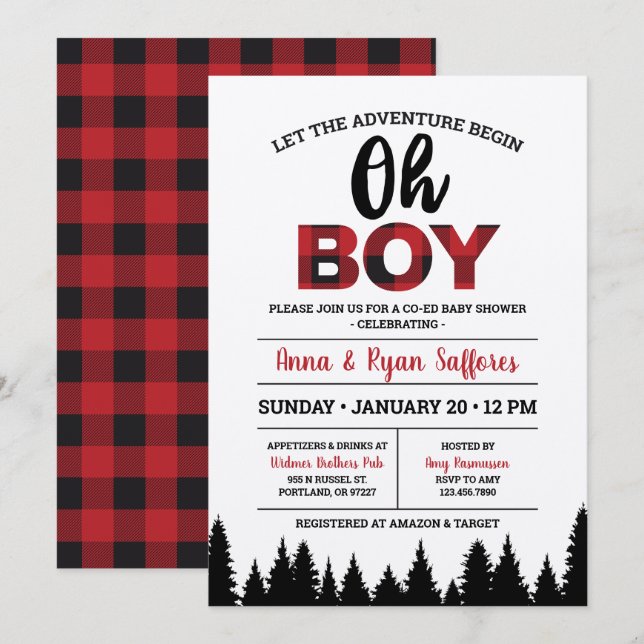 Invitation de Baby shower de Buffalo Plaid - Oh Bo (Devant / Derrière)