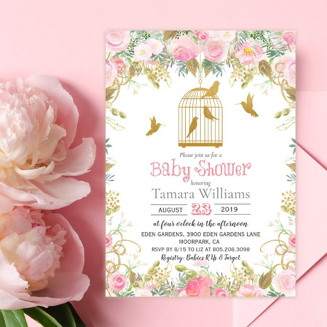 Invitation de Baby shower de cage à oiseaux floral (Créateur téléchargé)
