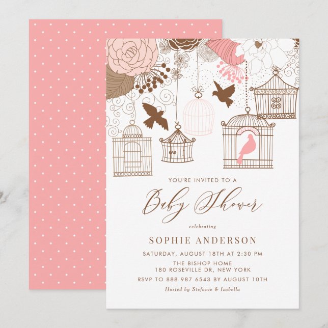 Invitation de Baby shower de cages blanches roses (Devant / Derrière)