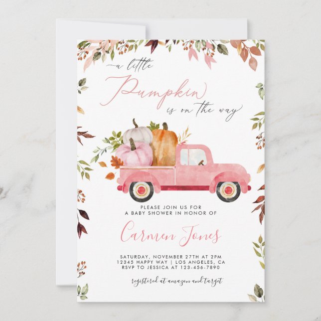 Invitation de Baby shower de camion Citrouille ros (Devant)