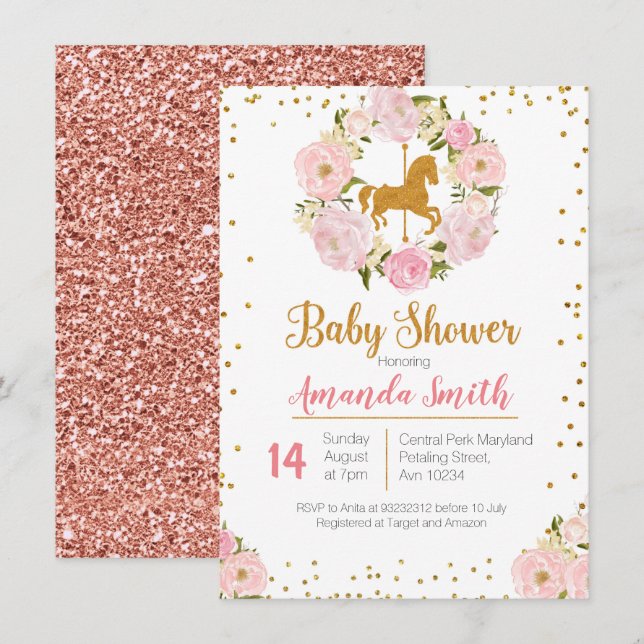 Invitation de baby shower de carrousel d'or (Devant / Derrière)