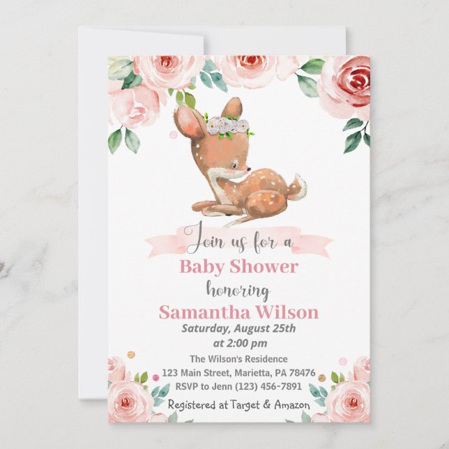 Invitation de Baby shower de cerfs de bébés florau (Devant)