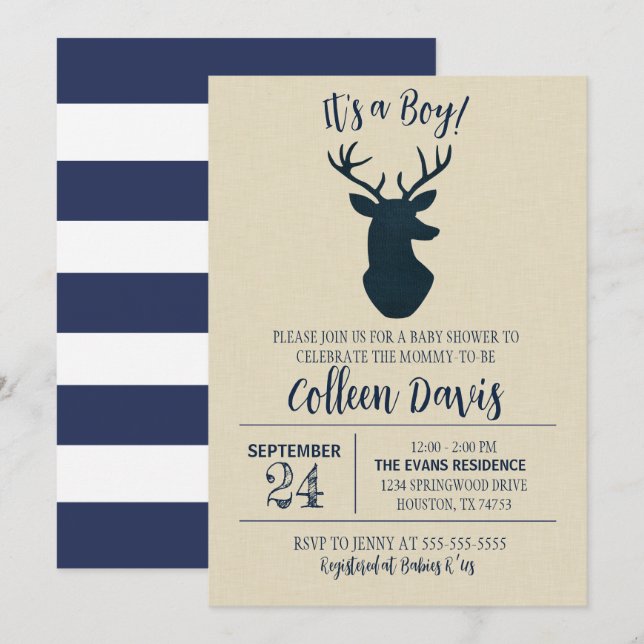 Invitation de Baby shower de cerfs de la Marine (Devant / Derrière)