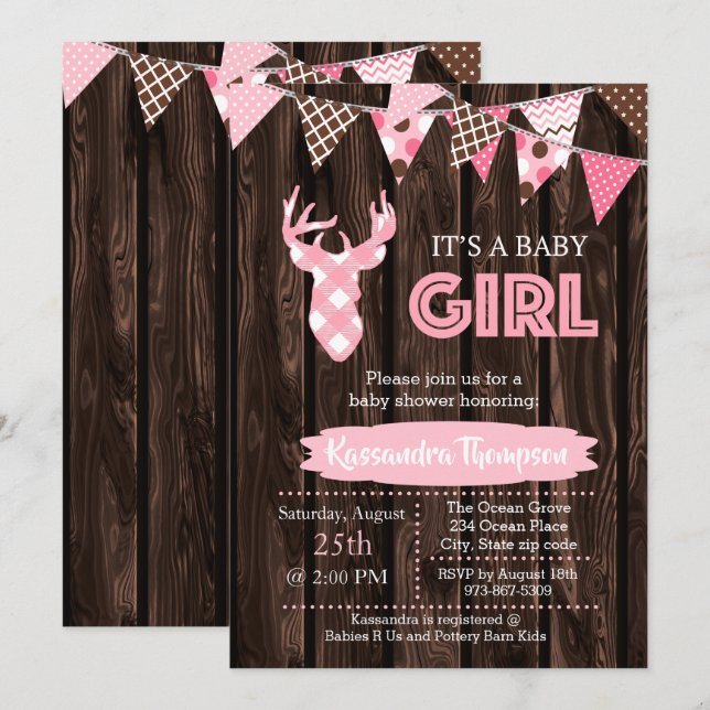 Invitation de Baby shower de cerfs en bois rose ru (Devant / Derrière)
