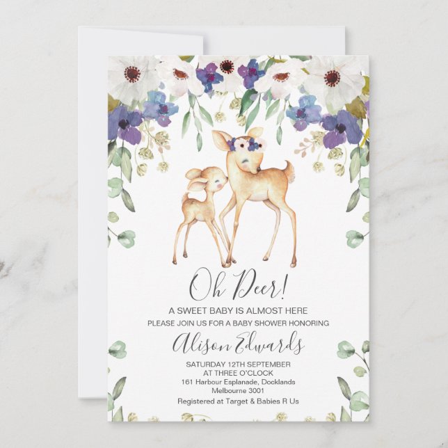 Invitation de Baby shower de cerfs floraux violet  (Devant)