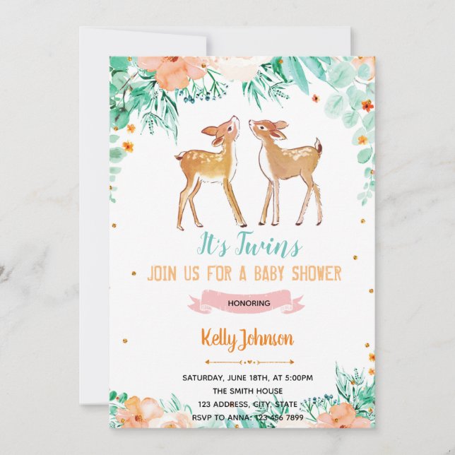 Invitation de baby shower de cerfs jumeaux (Devant)