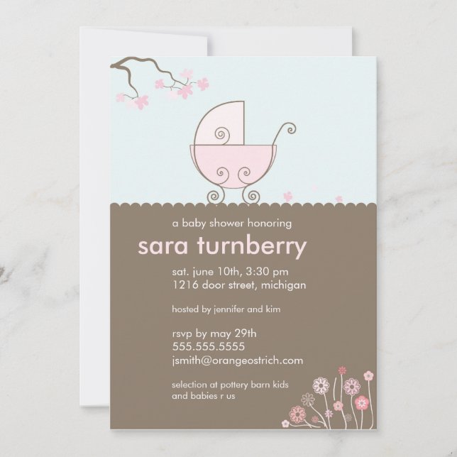 Invitation de baby shower de chariot - rose (Devant)