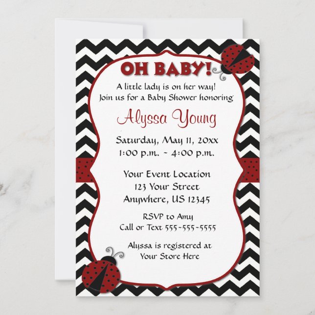 Invitation de Baby shower de Chevron Ladybug noir (Devant)