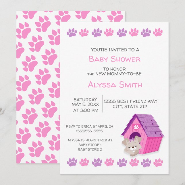 Invitation de Baby shower de chien chiot rose mign (Devant / Derrière)
