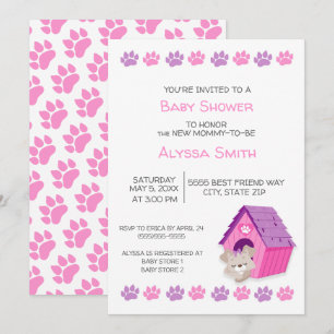 Invitation de Baby shower de chien chiot rose mign