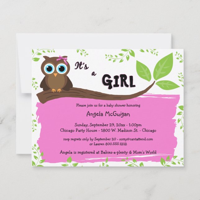 Invitation de Baby shower de Chouette blanche rose (Devant)