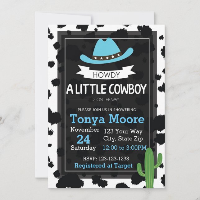 Invitation de baby shower de cowboy (bleue) (Devant)