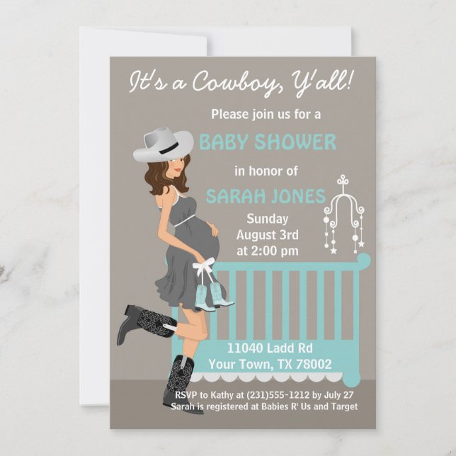 Invitation de baby shower de cowboy - brune (Devant)