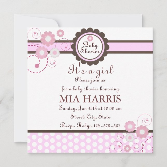 Invitation de Baby shower de design floral rose et (Devant)