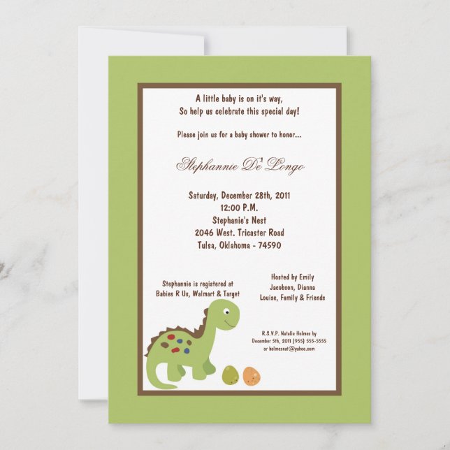 Invitation de Baby shower de dinosaures 5x7 (Devant)