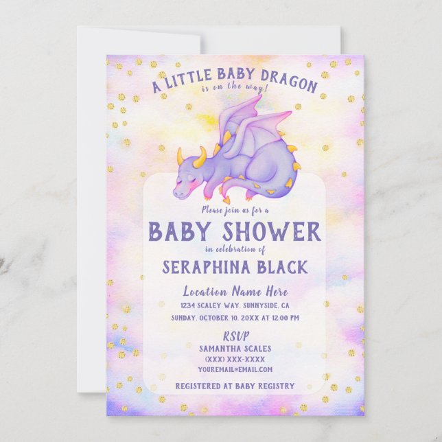 Invitation de Baby shower de dragon mou violet (Devant)