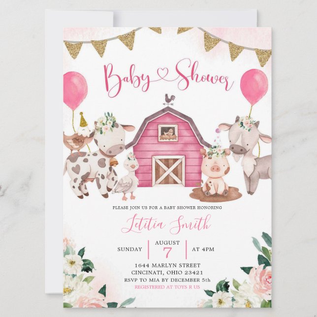 Invitation de Baby shower de ferme rose fille (Devant)
