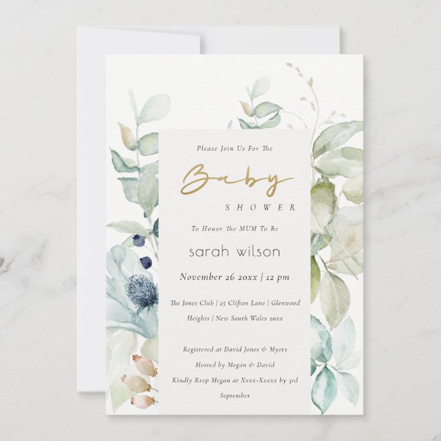 Invitation de Baby shower de feuillage bleu pastel (Devant)