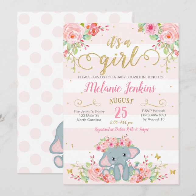 Invitation de baby shower de fille, baby shower (Devant / Derrière)