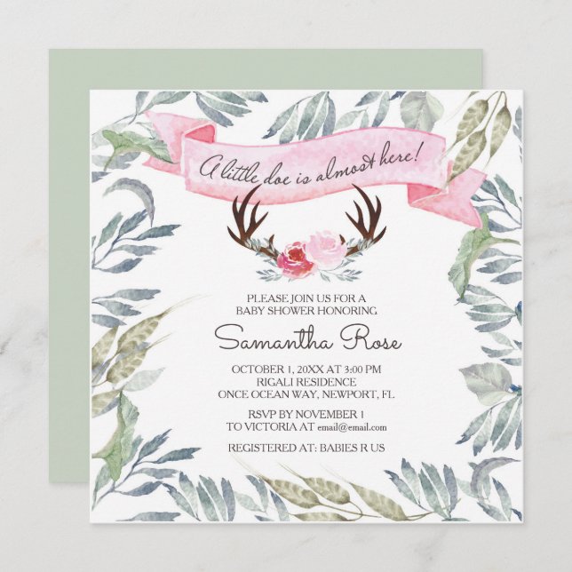 Invitation de baby shower de fille d'ANTLER de (Devant / Derrière)