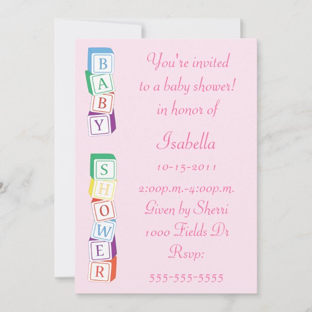 Invitation de baby shower de fille de bloc (Devant)