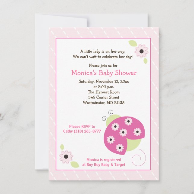 Invitation de baby shower de fille de coccinelle (Devant)