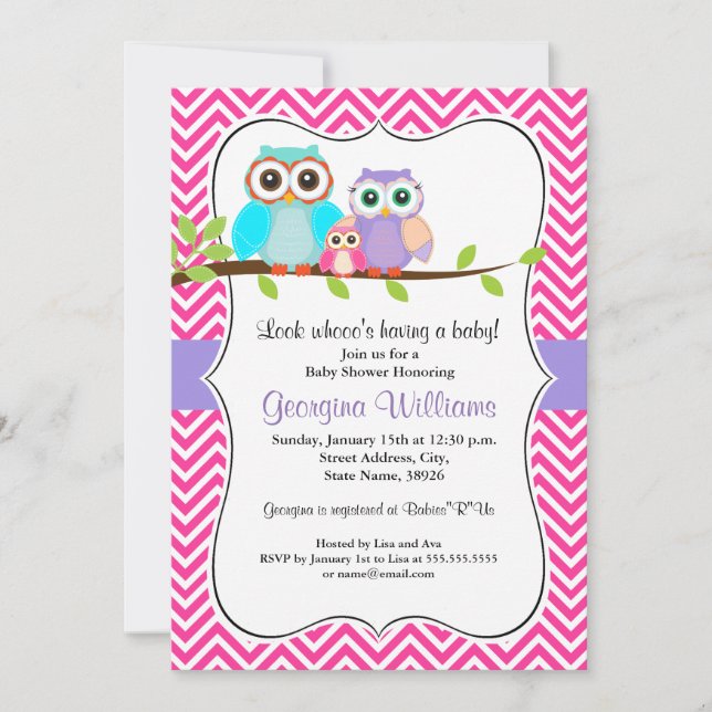 Invitation de Baby shower de fille de la chouette  (Devant)