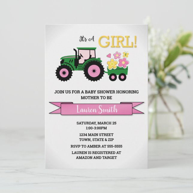 Invitation de Baby shower de fille de tracteur, Tr (Debout devant)