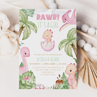 Invitation de Baby shower de fille DINOSAUR, Pink